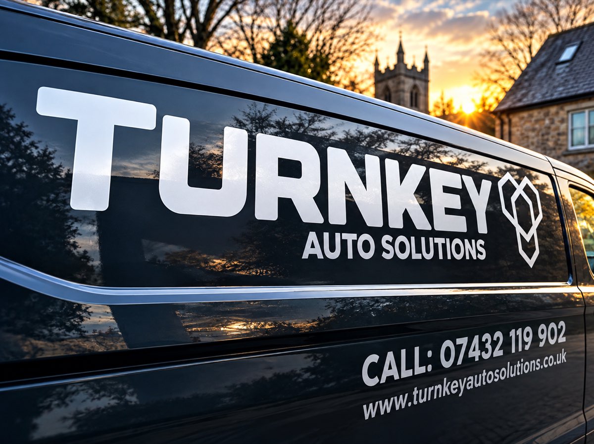 Close-up of the Turnkey Auto Solutions logo on the van